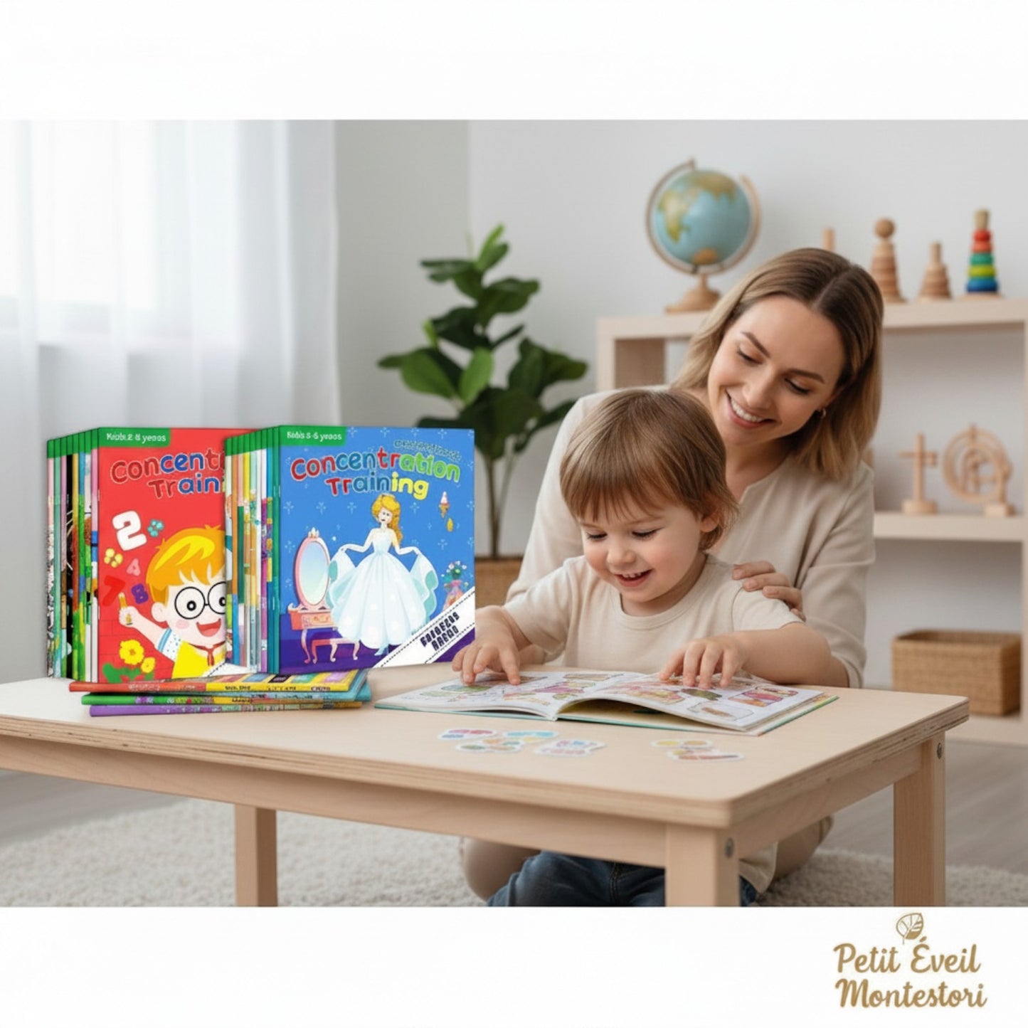Petit Éveil Montessori : lot de livres autocollants pour enfants, apprentissage et concentration, 2-6 ans.