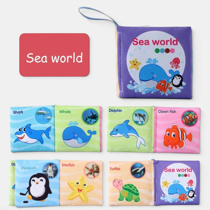 Petit Éveil Montessori, lot de 6 livres en tissu doux pour bébé sur le thème du monde marin, avec requin, baleine, dauphin, poisson-clown, pingouin et tortue.