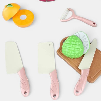 Petit Éveil Montessori, ensemble de 7 pièces de jouets de cuisine pour enfants, fruits et légumes coupés, couteaux, planche à découper, éplucheur rose.
