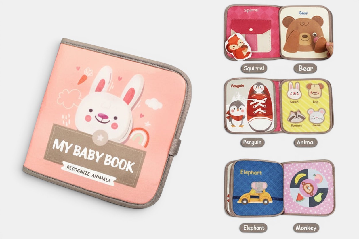 Livre Montessori Petit Éveil Montessori sur les animaux, livre d'activités éducatif en tissu rose avec un lapin, pour bébés et tout-petits.