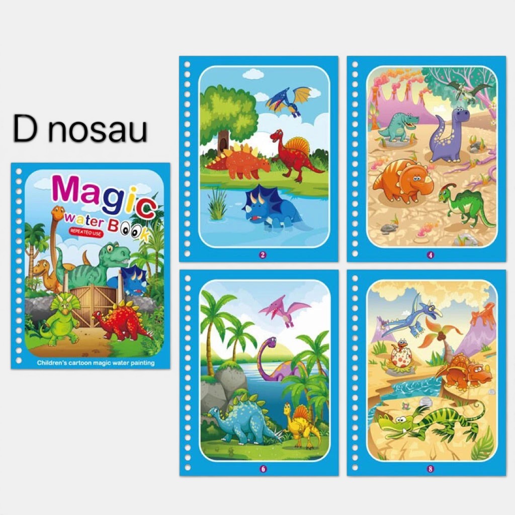 Livre de coloriage magique réutilisable Petit Éveil Montessori avec des dinosaures colorés et des scènes de nature.