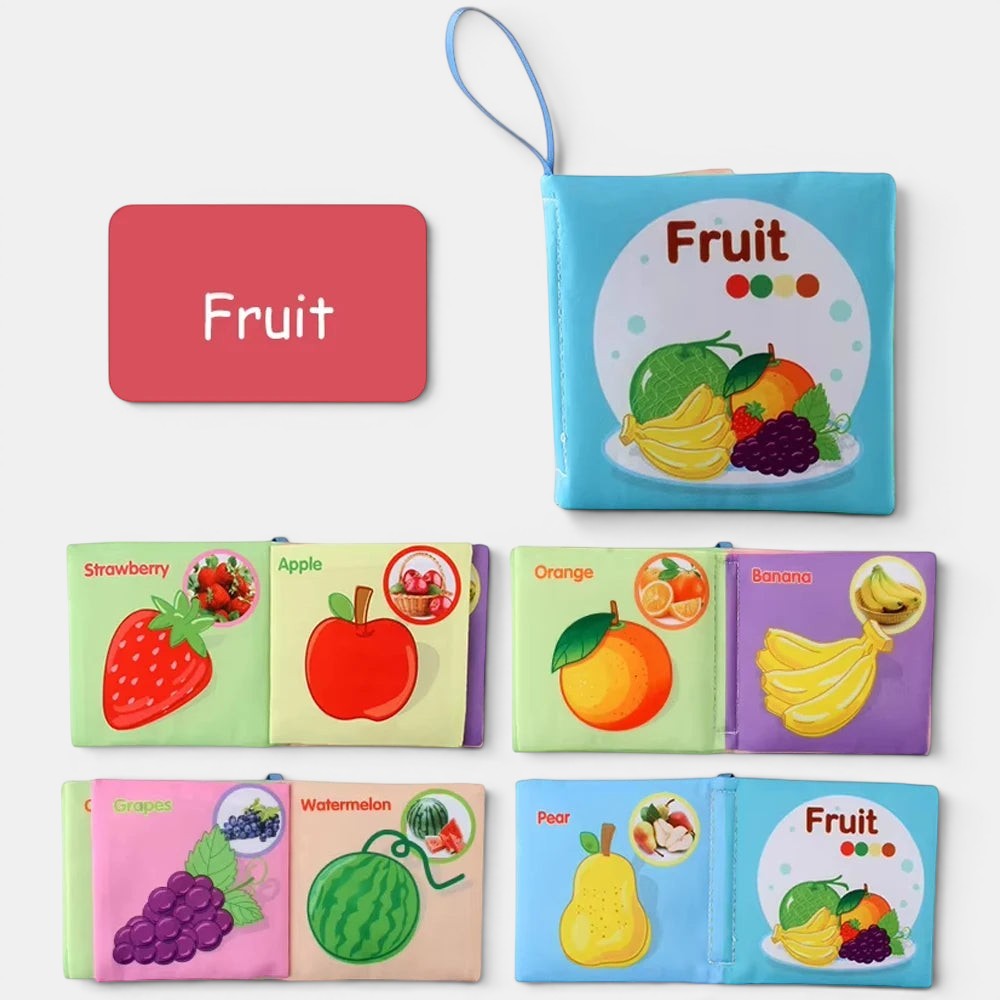 Petit Éveil Montessori livre en tissu doux pour bébé, illustrations colorées de fruits : fraise, pomme, orange, banane, raisin, pastèque, poire.