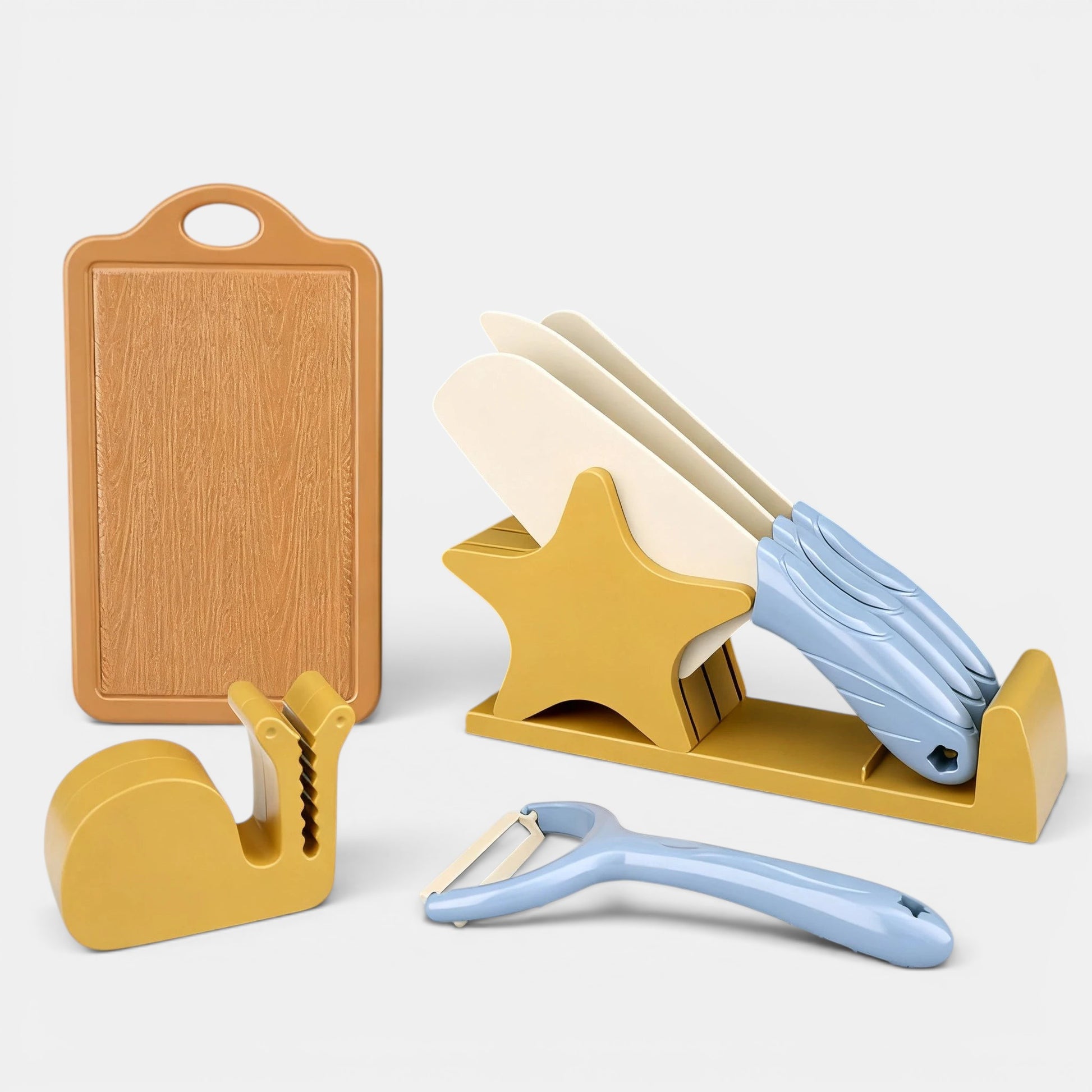 Ensemble de cuisine Montessori Petit Éveil Montessori : planche à découper, économe, couteaux et support étoile. Jouet sûr pour enfants.